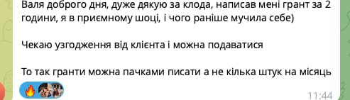 Скріншот відгуку: написав мені грант за 2 години